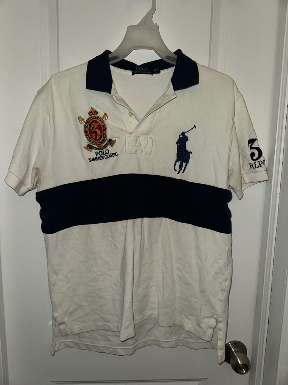 Polo by Ralph Lauren White Polo with Navy Center Stripe and Crest